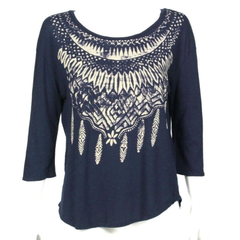 Lucky Brand Dark Blue Feather Print 34 Sleeve Tee Top Sz M 310 Lucky Brand Dark Blue Feather Print 34 Sleeve Tee Top Sz M 310